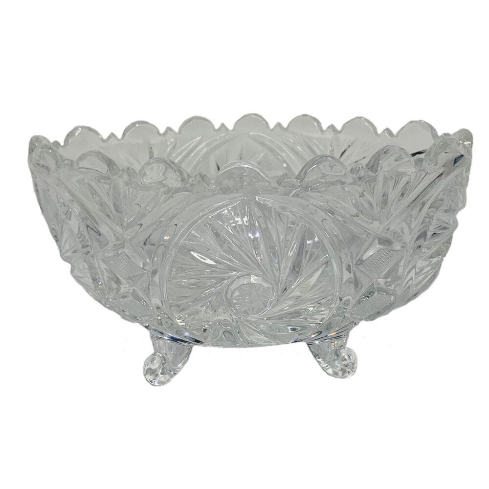 Vintage Candy Holder Sawtooth Crystal 7" Oval Diamond Cut Pinwheel Glass W/ Feet